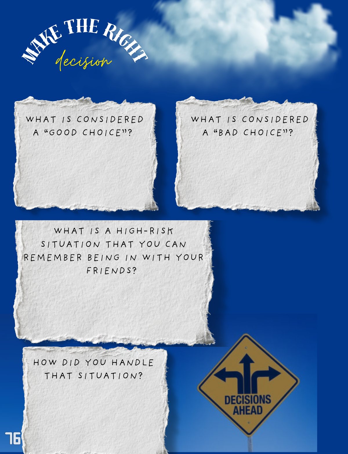 A workbook page with torn-paper prompts asking what counts as a good choice and a bad choice.