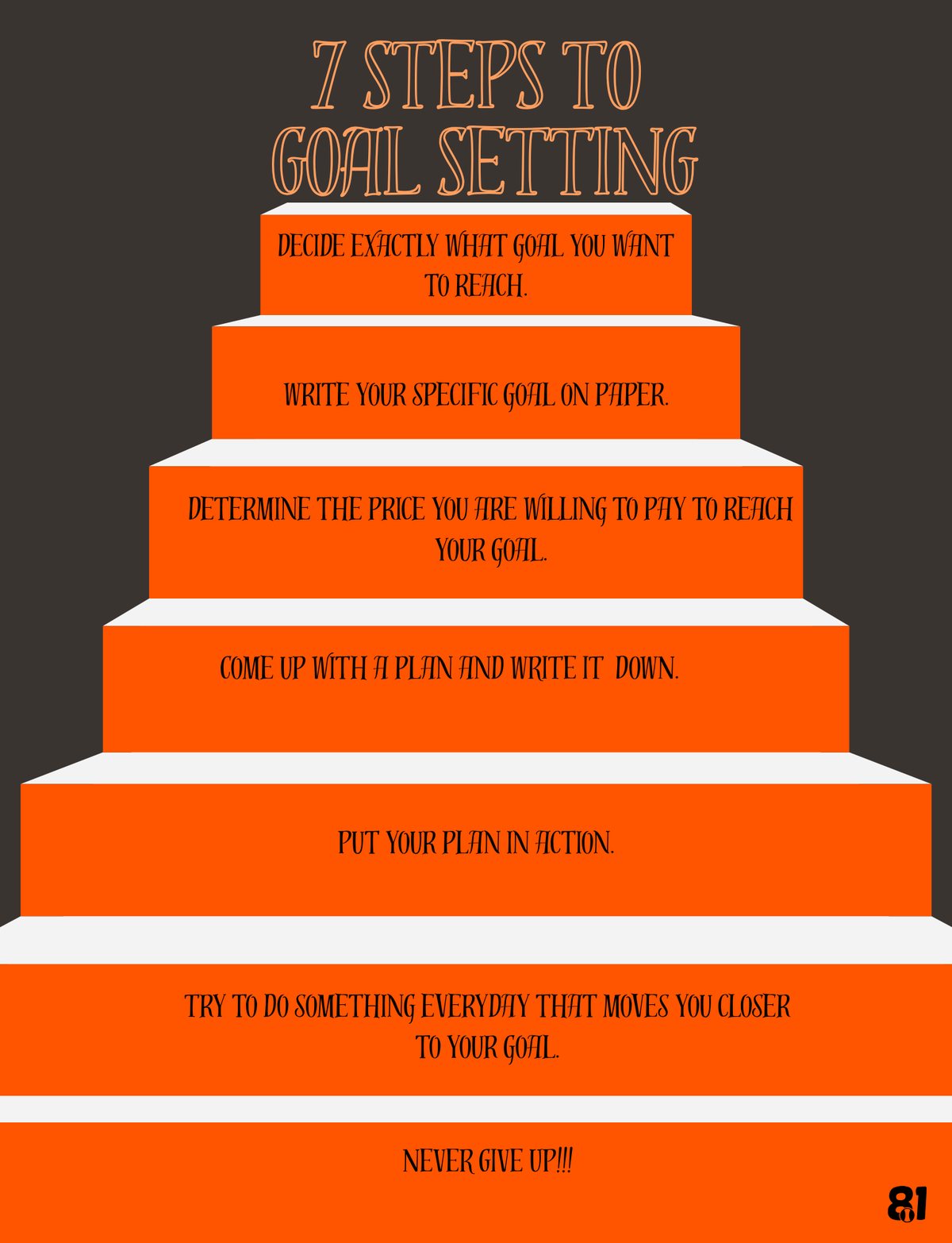 A workbook page laying out seven steps to goal setting as a rising staircase.